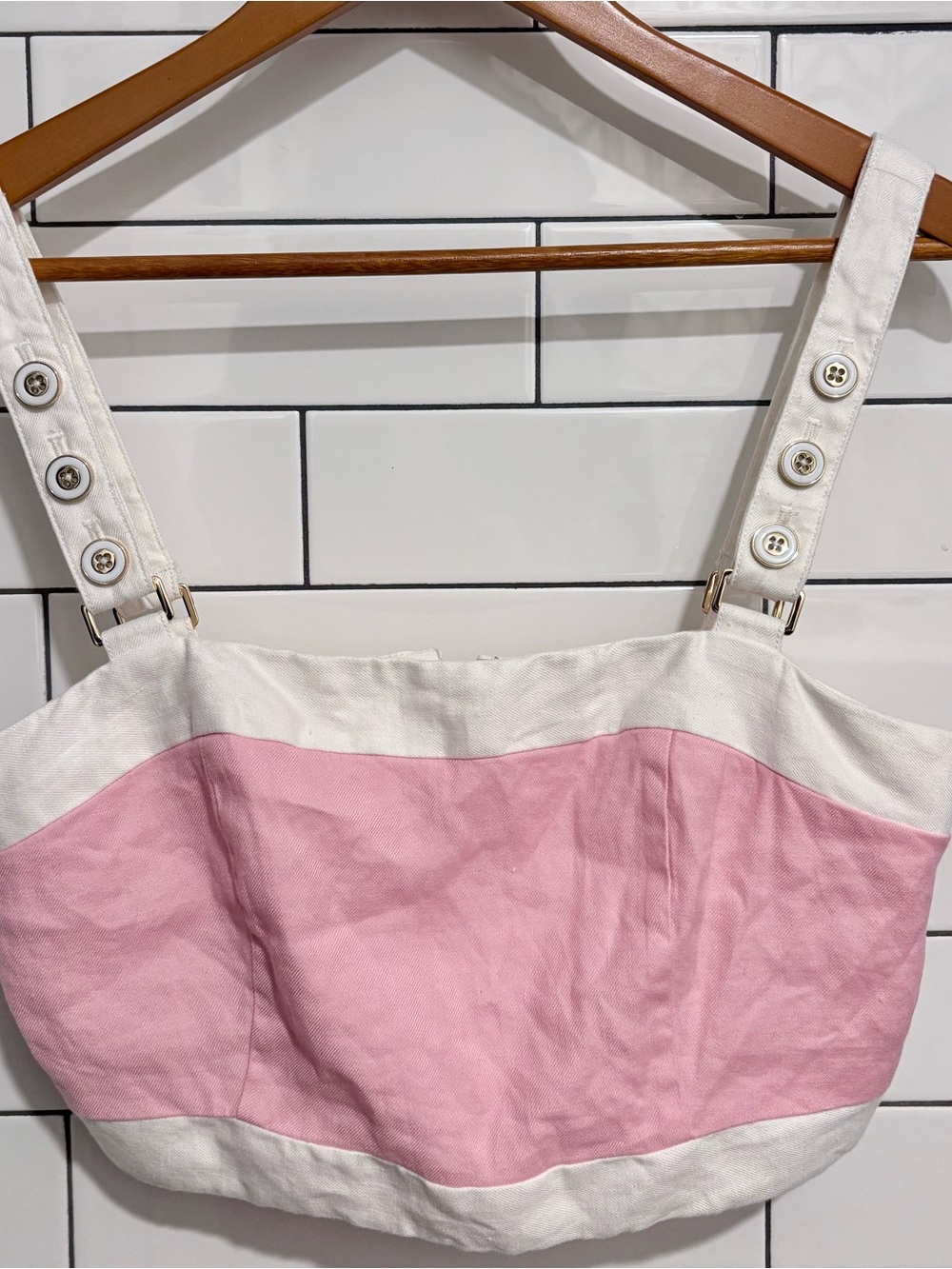 Anthropologie Maeve Square-Neck pink-white button Cropped Linen Tank Top - Picture 9 of 10